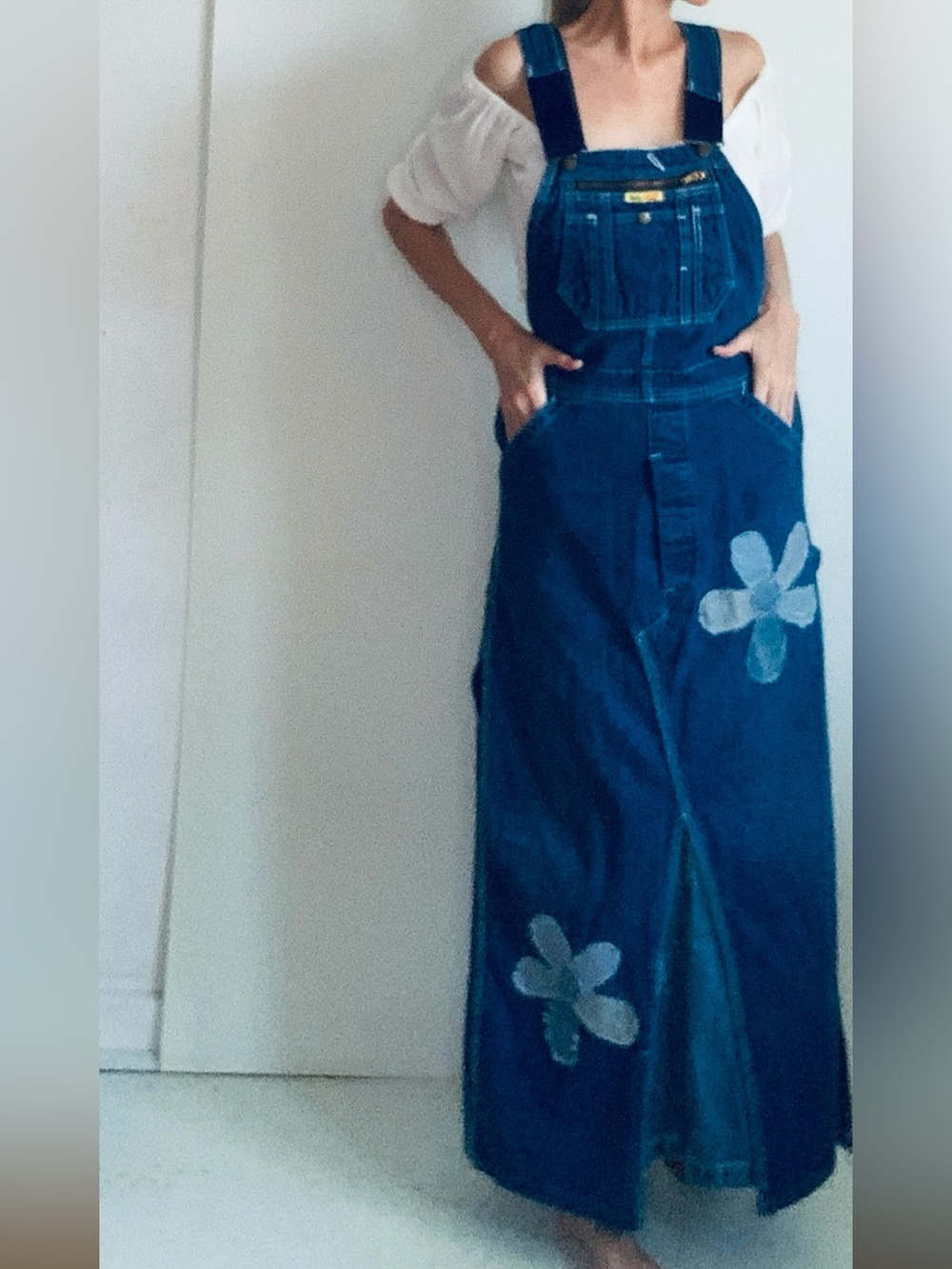 Vintage Flower Applique Denim Overall Maxi Dress